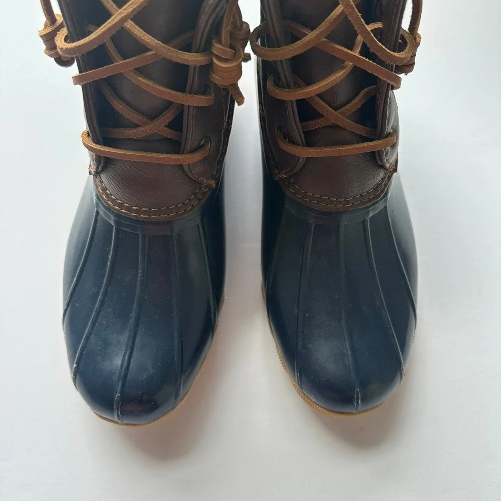 Sperry Girls Saltwater Duck Boots Navy Brown Side Zip YG55203 Size 5M